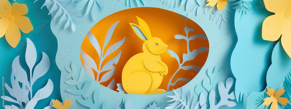 Happy Easter colorful paper cut rabbit egg card, yellow and blue