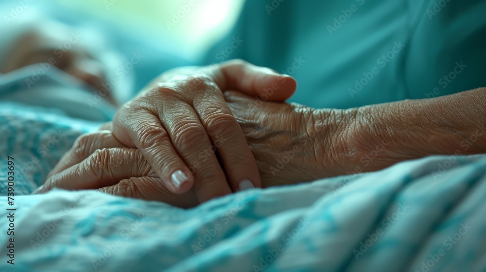 Fototapeta premium A heartwarming photo capturing a young female doctor gently holding the hand of an elderly person, conveying a deep sense of care, support, and compassion in a medical setting.