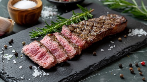 Freshly cut raw steak arranged on a black slate board with garlic, rosemary, and peppercorns. photo