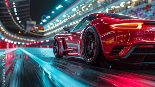 A sleek red sports car races along a vibrant, illuminated track at night, showcasing speed and luxury in motion.