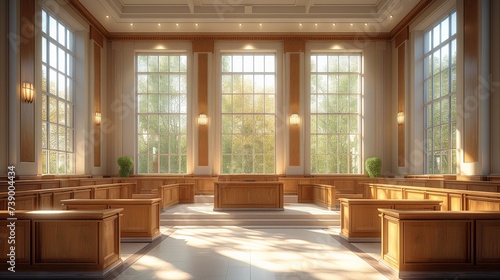 The grandeur of law is captured in this image of an empty courtroom with sunlight filtering through the windows, highlighting the rich wooden interior. photo