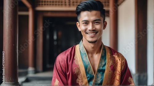 Portrait of young handsome man on traditional malaysian clothes smiling on camera from Generative AI