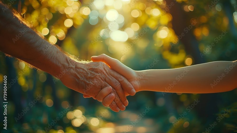 A heartwarming close-up of two people holding hands in a strong grip, symbolizing support and love, against a backdrop of a golden sunset. - obrazy, fototapety, plakaty 