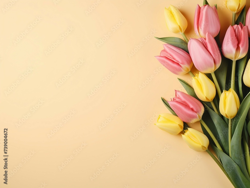 Bouquet of pink and yellow tulips on beige background Bouquet of pink and yellow tulips on beige background