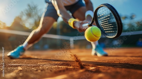 Focused tennis player sliding to hit a backhand on a sunlit clay court during a competitive match. © WARAPHON