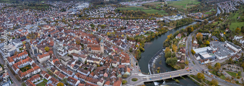 Aerial around the old town of the city Nürtingen in Germany on a afternoon in autumn.	 photo