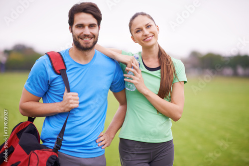 Fitness, couple in portrait outdoor and workout on field, happy and healthy with partner, physical activity and support. People smile for wellness, exercise together in park and training for bonding