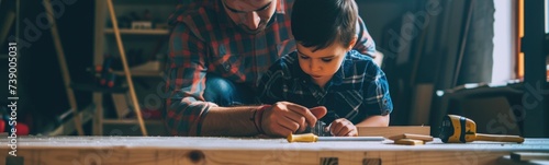 Parent teachs their children to use tools. Banner photo