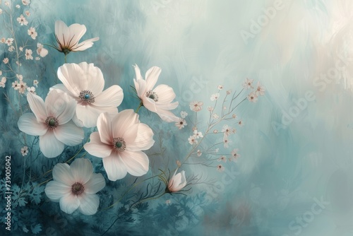 Elegant White Anemone Flowers on Blue Background
This artwork captures the delicate beauty of white anemone flowers in full bloom set against a soft, blue painterly background.
