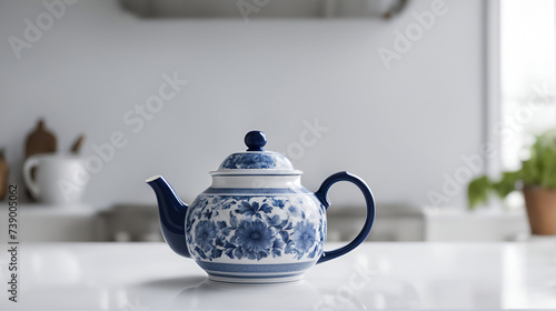 A retro white porcelain teapot with blue traditional handmade motifs on white kitchen counter - Generative AI
