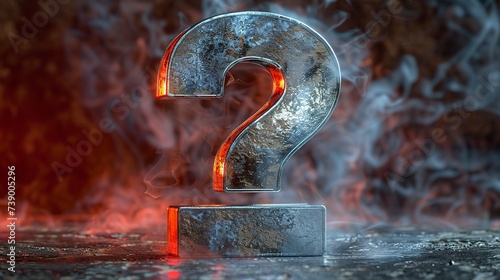 An illustration of a rustic metal question mark on a dark red background enveloped in light smoke. Question mark symbol that evokes questions and uncertainty.
