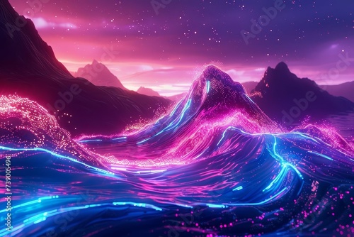 Giant neon wave surging across a digital landscape Symbolizing dynamic energy and futuristic concepts in a vibrant visual display.