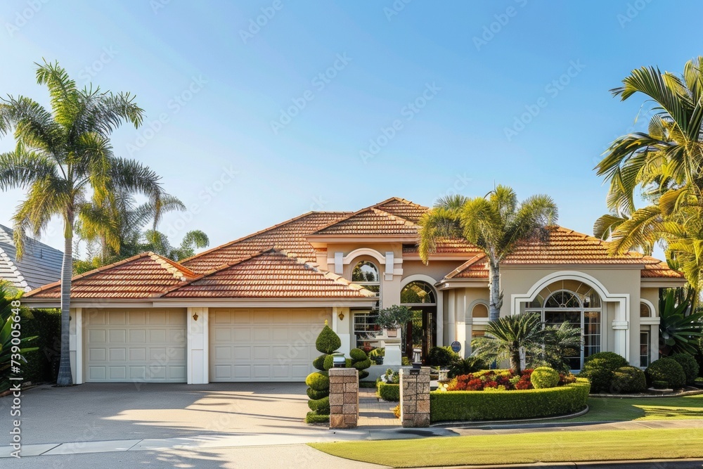 Warm Suburban House with Palm Trees and Terracotta Roof