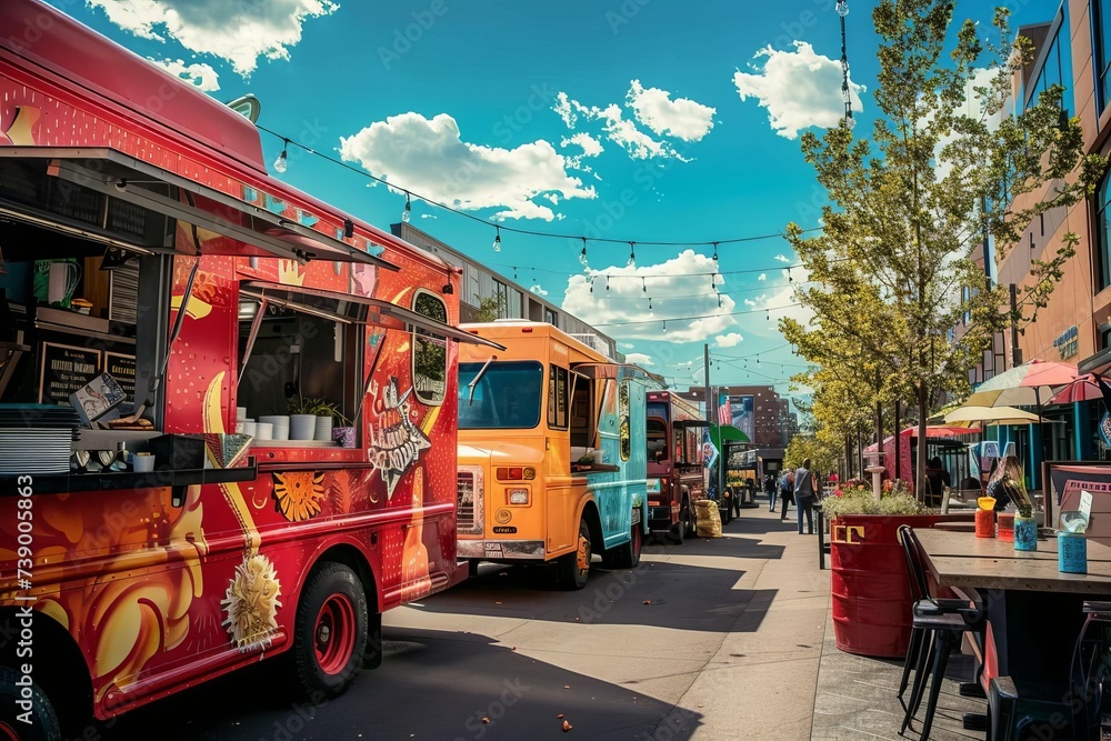 Gourmet food truck festival in a downtown area Offering a diverse range of cuisines from around the world With live music and outdoor seating
