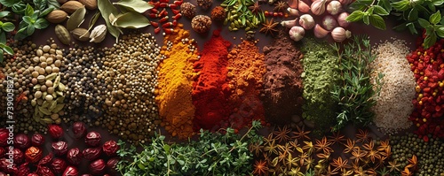 Panoramic view of spices and herbs colorful array for gourmet cooking