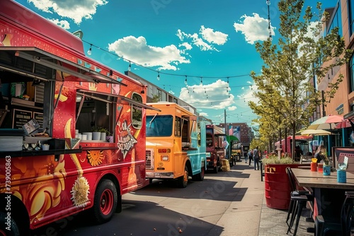 Gourmet food truck festival in a downtown area Offering a diverse range of cuisines from around the world With live music and outdoor seating