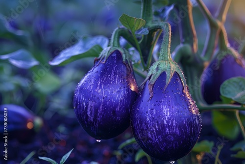 Glowing eggplants in twilight deep purples against evening light photo