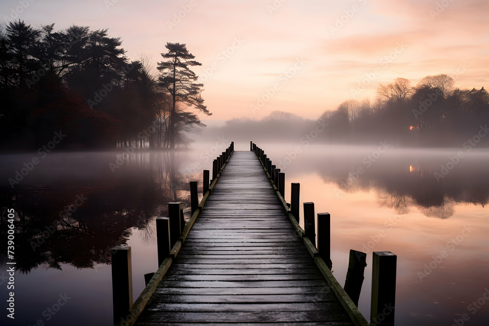 Wooden jetty on a misty morning in autumn, England