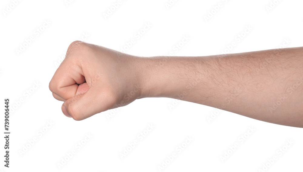 Man showing fist on white background, closeup Man showing fist on white background, closeup