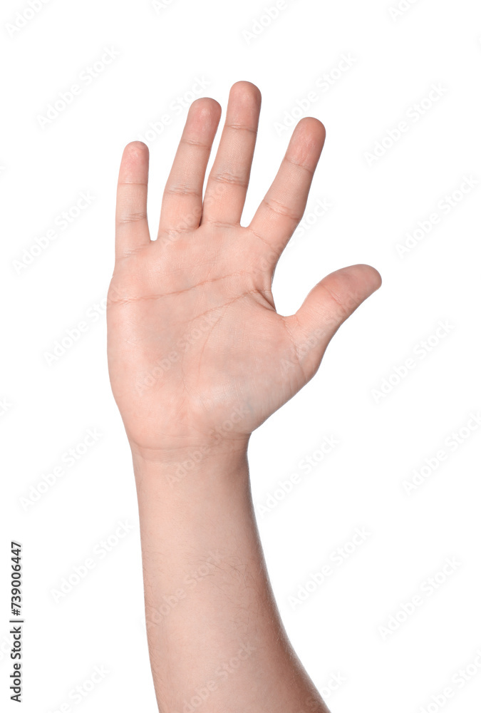 Man showing palm on white background, closeup