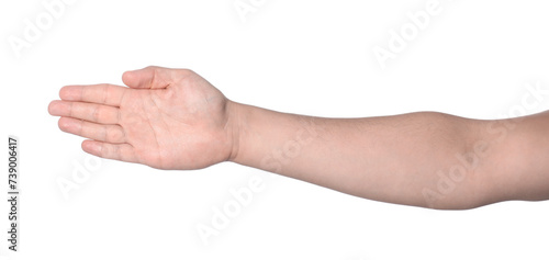 Man showing palm on white background, closeup