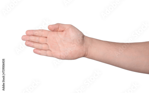 Man showing palm on white background, closeup