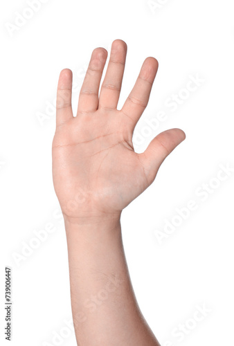 Man showing palm on white background, closeup