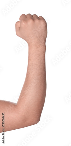 Man showing fist on white background, closeup