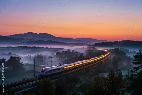 High-speed train slicing through a scenic landscape at dawn Representing modern transportation and the beauty of travel and exploration.