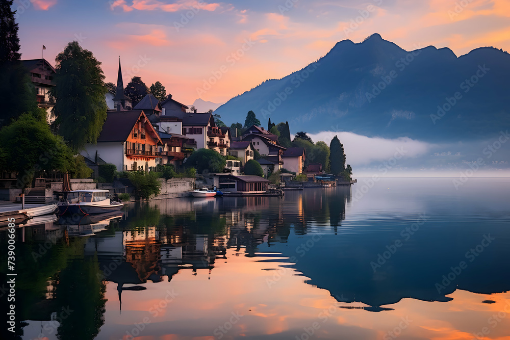 Naklejka premium Sunrise on Hallstatt lake in summer, Salzburg, Austria