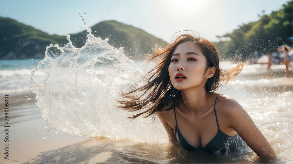 Obraz premium Beautiful young korean woman on beach with water splash on summer vacation with sunlight rays from Generative AI