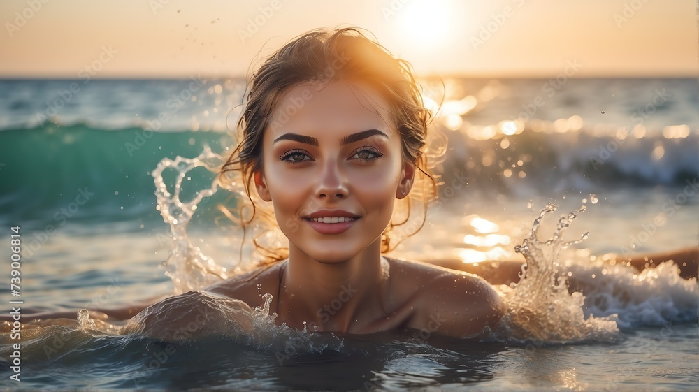 Beautiful young woman on beach with water splash on summer vacation with sunlight rays from Generative AI