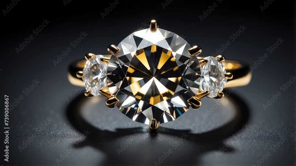 Close up of a diamond gemstone on a golden ring on plain black background from Generative AI Close up of a diamond gemstone on a golden ring on plain black background from Generative AI