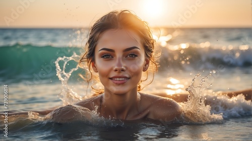 Beautiful young woman on beach with water splash on summer vacation with sunlight rays from Generative AI