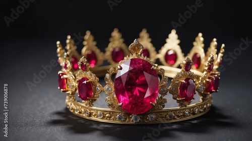 Close up of a ruby gemstone on a golden crown on plain black background from Generative AI