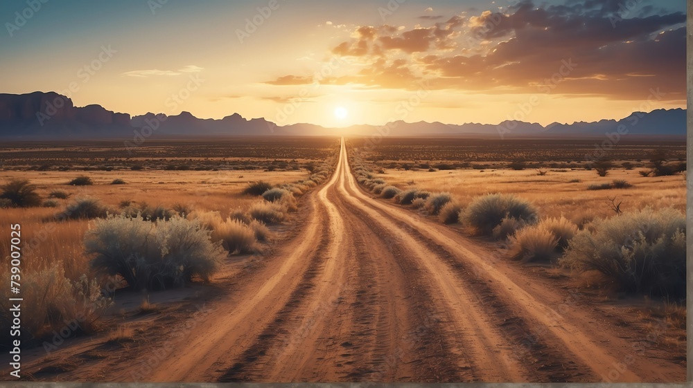 Dirt road wild west road landscape at sunset from Generative AI