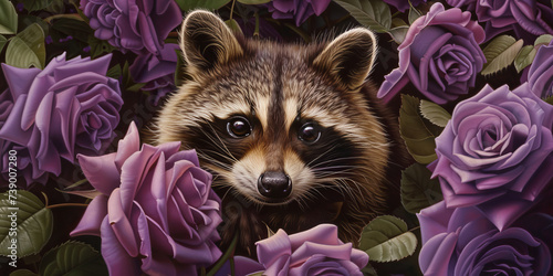 a painting of a raccoon with roses surrounding it, generative AI photo