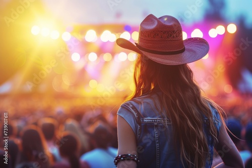 A woman at a country music festival concert, viewed from the back. Background with selective focus and copy space