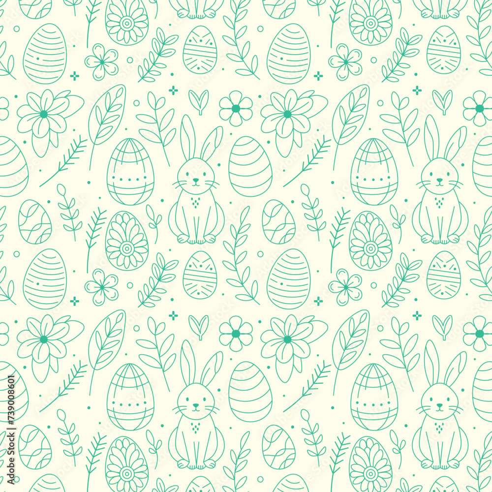 Hand-illustrated pattern consisting of cute rabbits, decorated Easter eggs, and an assortment of flowers and leaves, all rendered in a soothing green palette on a soft white background. Hand-illustrated pattern consisting of cute rabbits, decorated Easter eggs, and an assortment of flowers and leaves, all rendered in a soothing green palette on a soft white background.