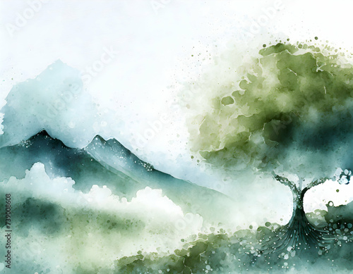 Abstract Tree landscape made and fog watercolor on digital art concept.
