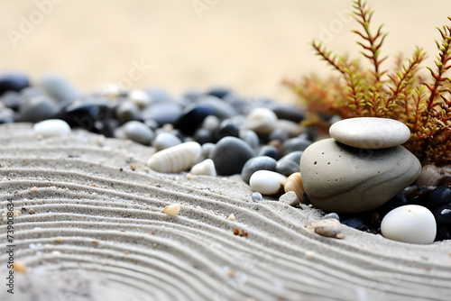 zen stones on the sand, closeup of photo with shallow depth of field