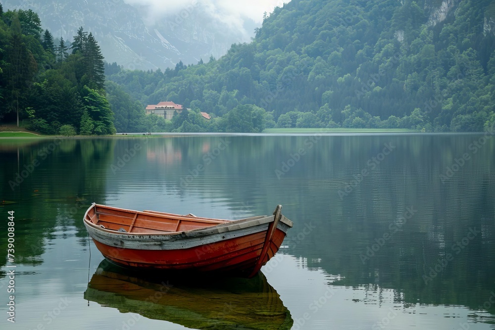 Leisure boat floating on a tranquil lake Capturing the essence of peaceful water activities and the beauty of nature's landscapes.