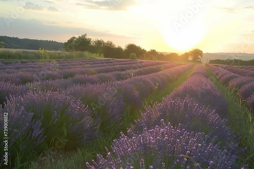 Lavender fields at sunset With rows of purple flowers gently swaying in the breeze Evoking a sense of calm and beauty