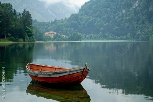 Leisure boat floating on a tranquil lake Capturing the essence of peaceful water activities and the beauty of nature's landscapes.