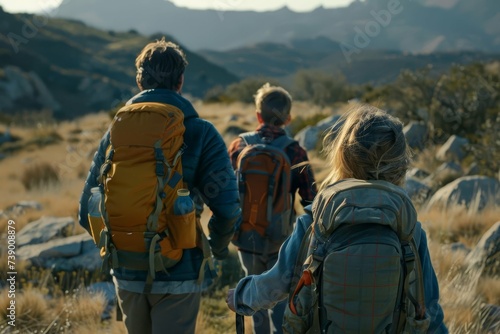 Lifestyle shot of a family and friends embarking on a mountain hiking adventure Capturing the essence of exploration and bonding in the great outdoors.