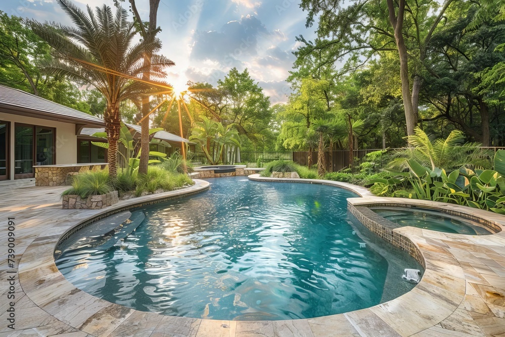Lush backyard with a luxurious swimming pool Showcasing outdoor leisure and high-end home design for summertime enjoyment.