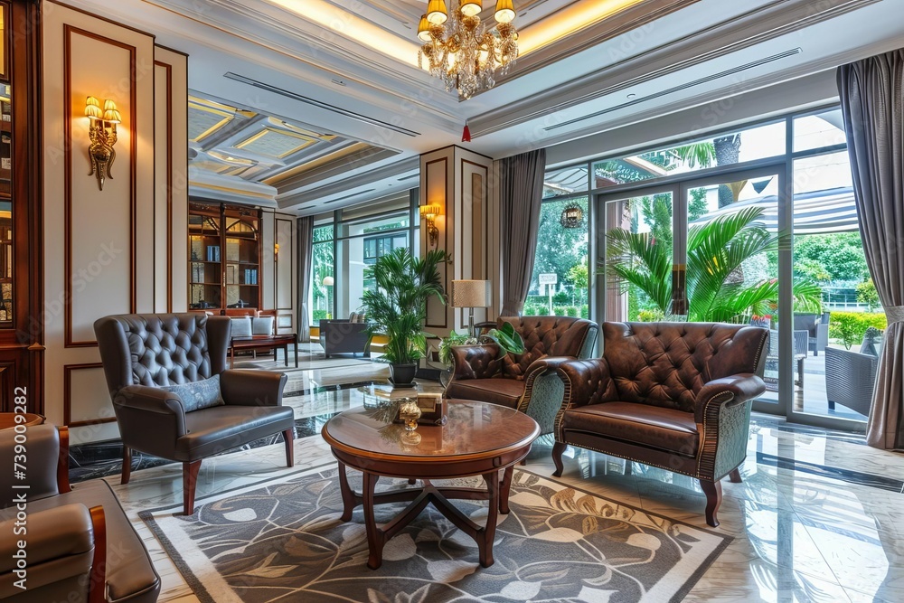 Luxurious hotel lobby with elegant furnishings and a warm welcome atmosphere Perfect for guests seeking comfort and high-class service.