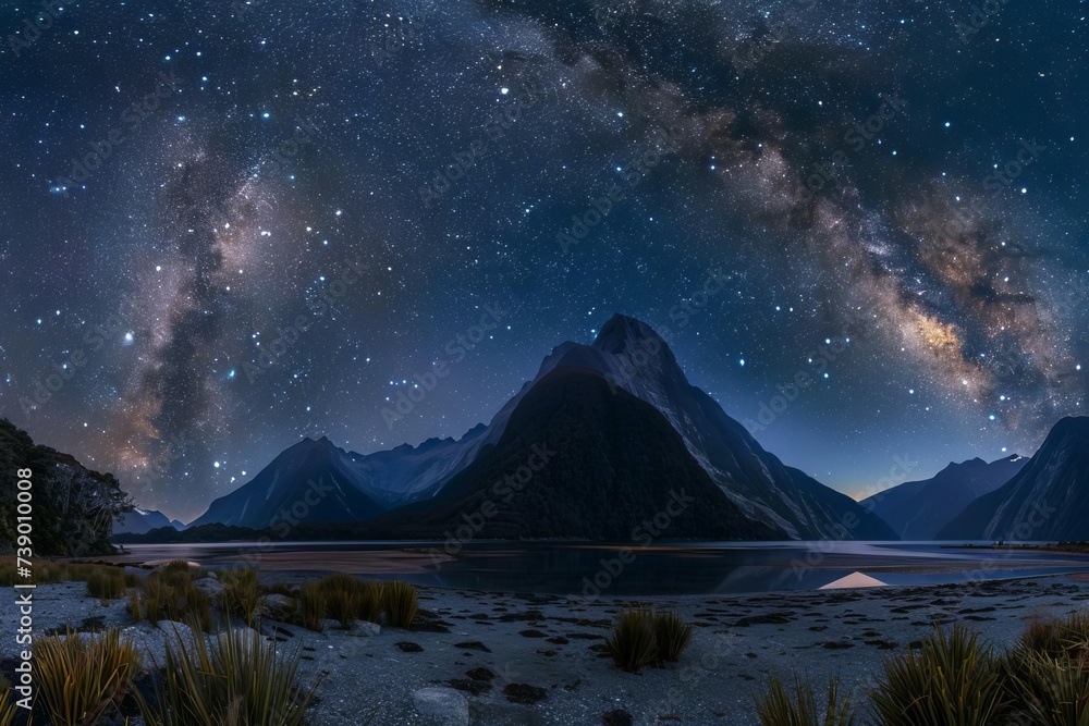 Majestic mountain range under a starry night sky With a clear view of ...