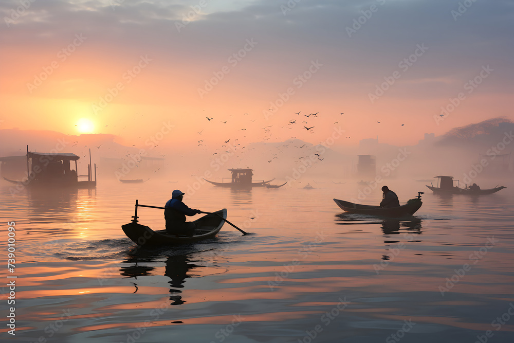 Fisherman on the boat in the morning at sunrise with fog