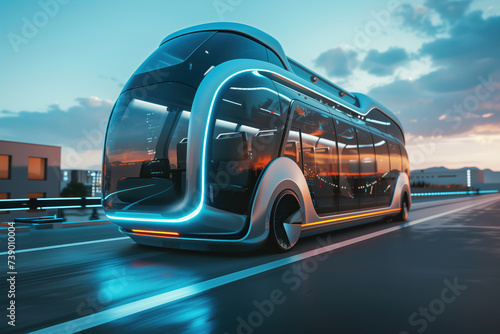 An autonomous smart vehicle future transportation option could be a hybrid futuristic electric shuttle bus AI Generative photo